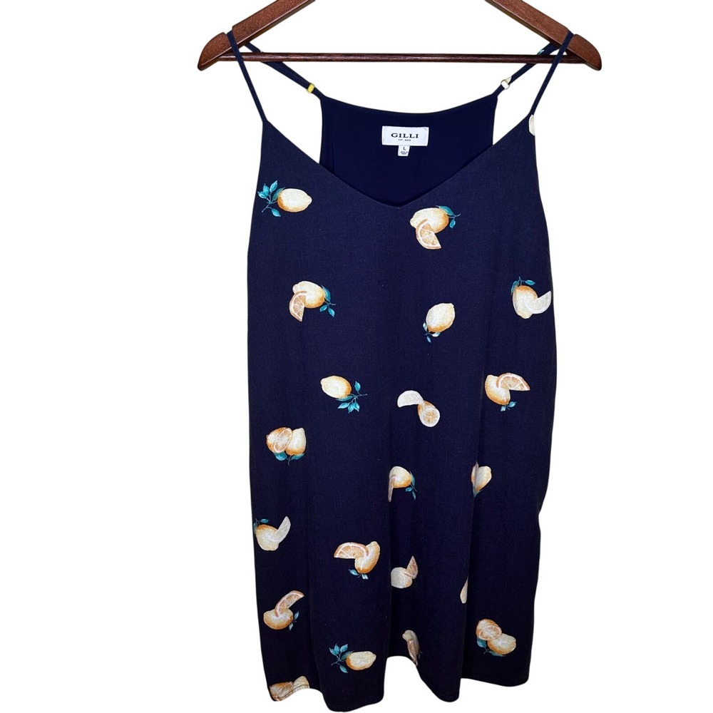 Gilli Navy Blue Lemon Print Linen Blend Mini Dress V-Neck Adjustable Straps L